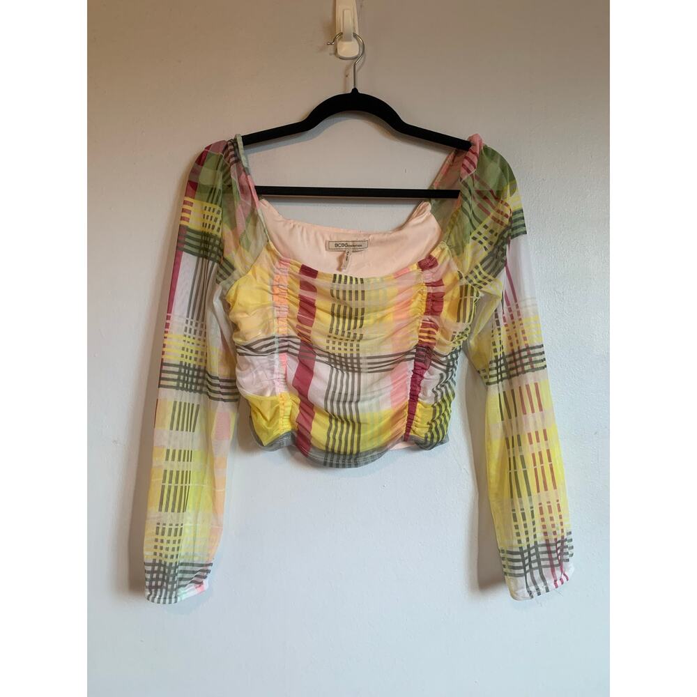 Women's BCBGeneration Yellow Pink plaid mesh crop long sleeve top LARGE